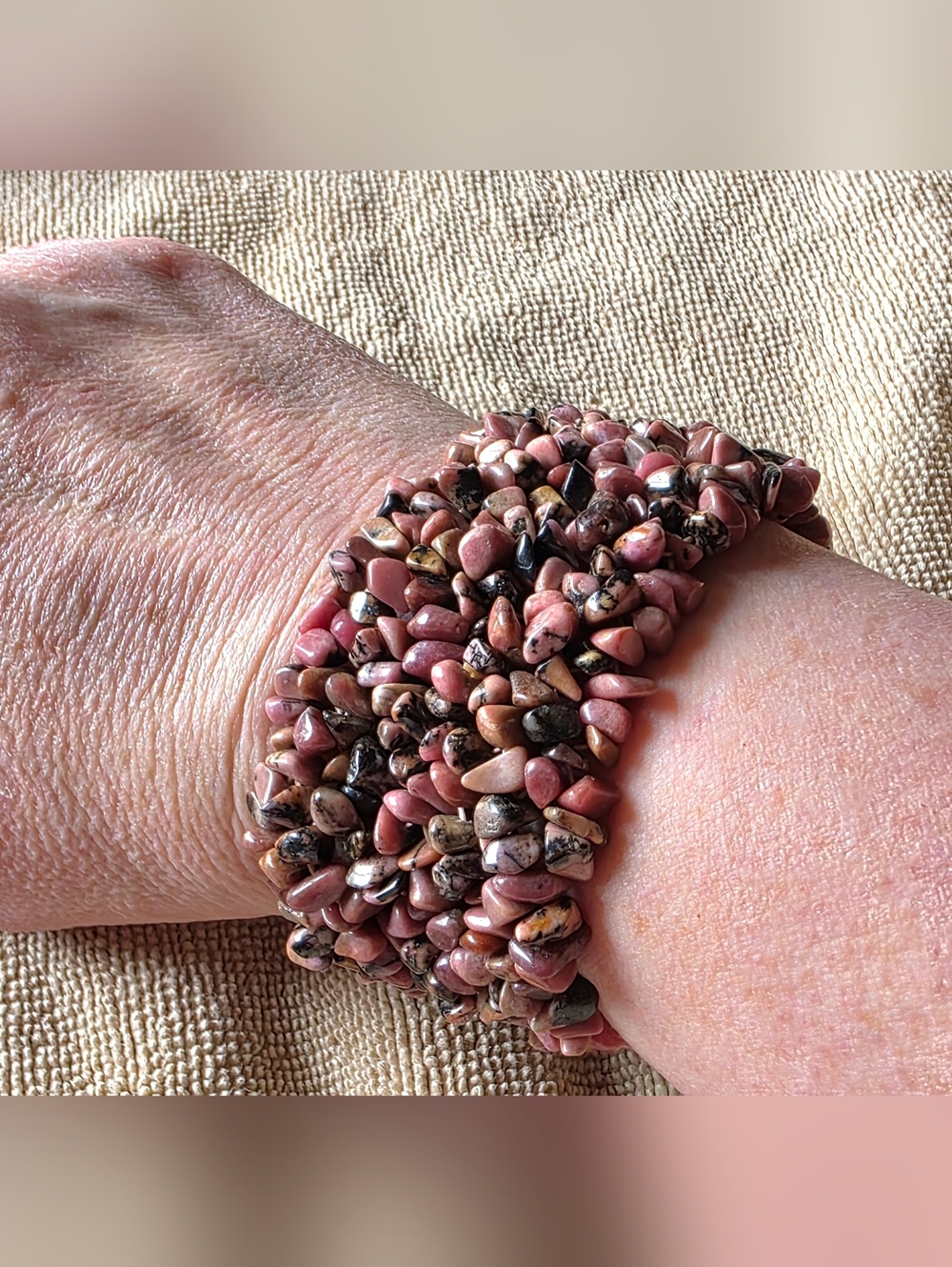 Rhodochrosite Chip Bracelet. Natural Crystal Handmade Elastic Boho Jewelry.